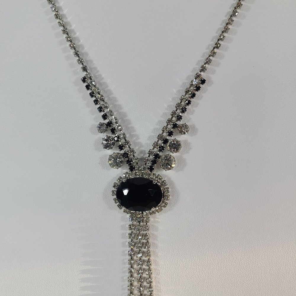 Vintage Y Drop Necklace Black Clear Faceted Rhinestone Crystal Fold Over Clasp